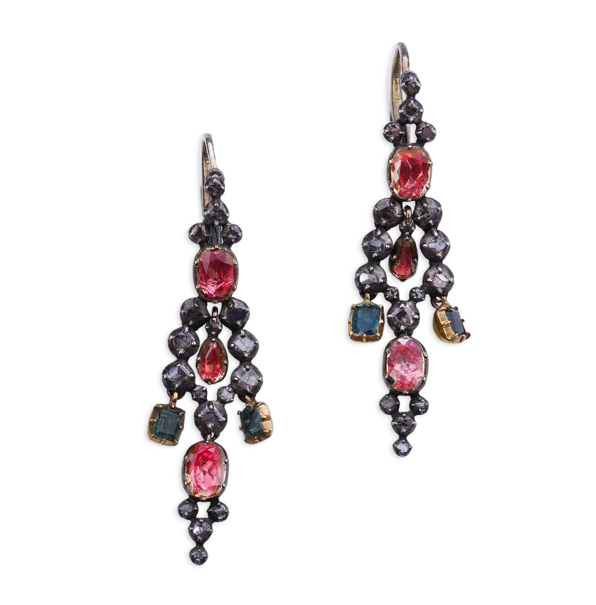 A pair of emerald, topaz and diamond earrings, 19th century